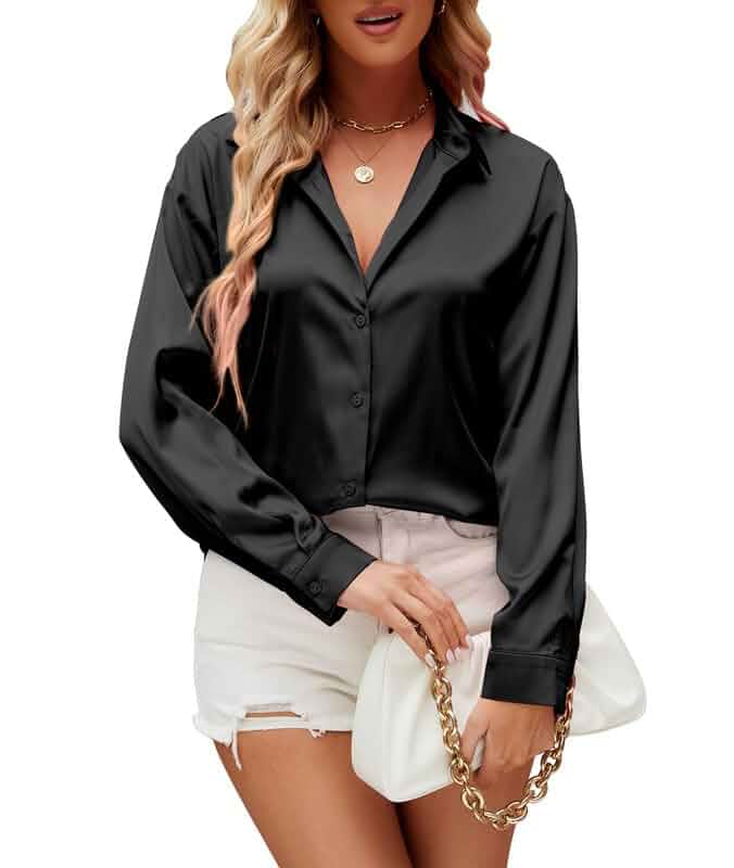 Damipow Womens Satin Button Down Shirts Long Sleeve Blouses Dress Shirt Dressy Casual, Button-Up Shirt, Elegant Shine, Stylish Clothing, Office Wear, Business, Spring, Summer & Fall Outfits