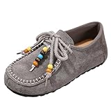 NHBEOEN Suede Moccasins Loafers for Women with Beaded Fashion Comfortable Round Toe Slip On Flats Daily Work Walking Shoes (Gray,9)