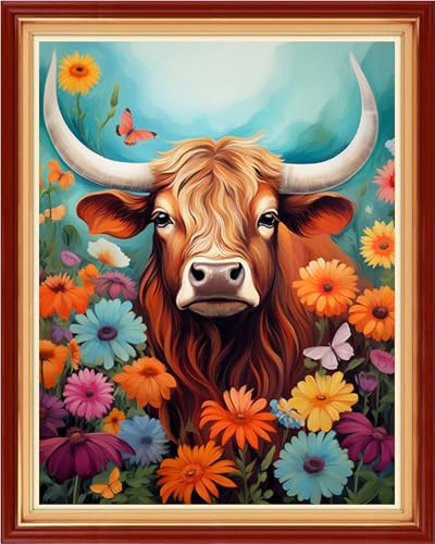 Image of Funchey Stamped Cross Stitch Kits, DIY Cross Stitch Pattern for Adults Beginners Needlepoint Kits Embroidery Kit Arts and Crafts 11CT&Colorful Flower Cow 16x20 inchs