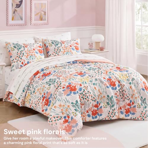 Image of BLOOMHAVEN Full Size Comforter Set for Girls, 7 Pieces Pink Botanical Floral Bedding Set, All Seasons Kids Bed in a Bag with Sheets, Pillowcases & Shams