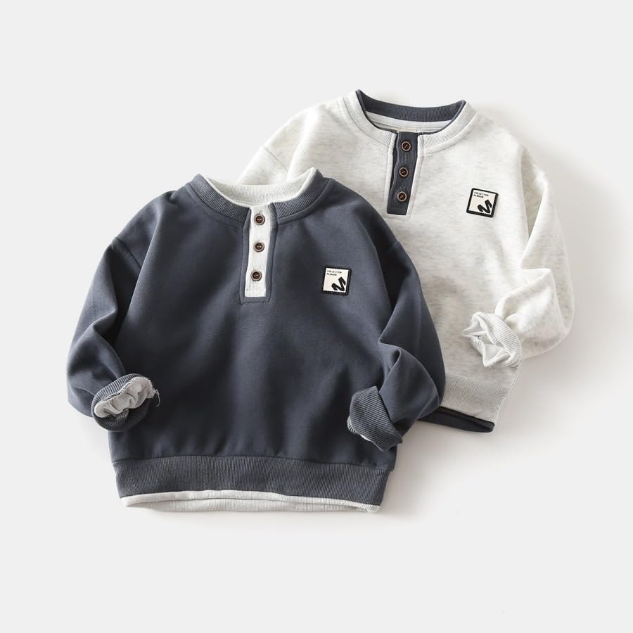 Irsutey Toddler Baby Boys Autumn Solid Color Button Round Neck Long Sleeve Cotton Sweatshirt For Boys3