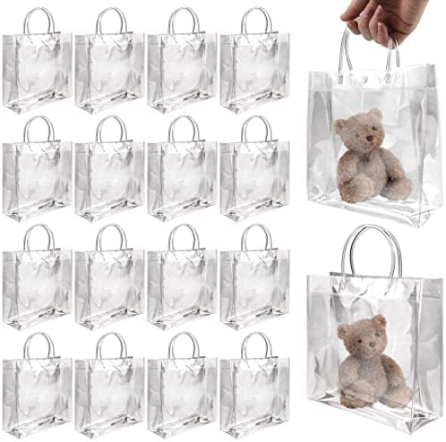 BadenBach 16 PCS Clear Plastic Gift Bags with Handle,Reusable Transparent PVC Plastic Gift Wrap Tote Bag for Shopping Retail Merchandise Boutique Wedding Birthday Baby Shower Party Favor (11.82" x 11.82" x 3.94")