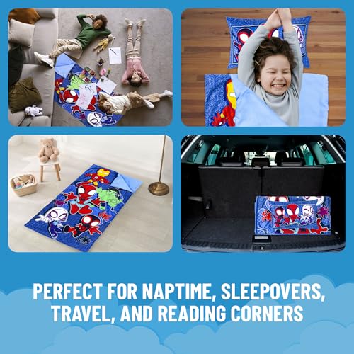 Image of Jay Franco Kids Slumber Bag and Pillow - 54 x 27 Inch Comfy Indoor Sleeping Bag for School and Sleepovers, 2 Piece Set, Blue - Spidey & His Amazing Friends