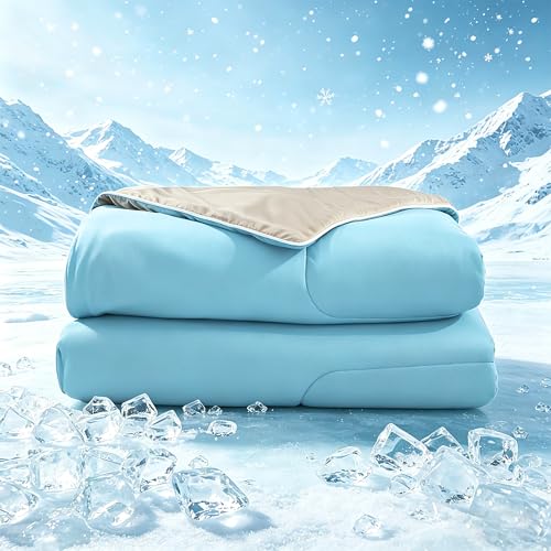 Cosybay Cooling Comforter Twin Size Double-Sided Cold Tech Fabric Breathable Summer Comforter for Hot Sleepers & Night Sweats Silky Smooth Cooling Blanket 68x 90 Blue/Light Gray