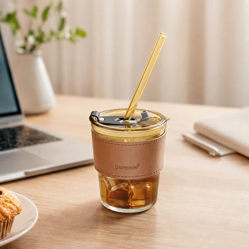 Image of Trendymart Coffee Mug - Customised Glass Mug with Lid, Straw & Heatproof Sleeve - Leak-Resistant Travel Cup for Coffee, Tea & Beverages - Portable Minimalist Sipper for Home & Office Use (Pack of 1)