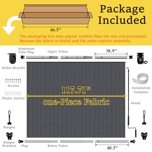 Image of 10' W x 8' H Cordless Outdoor Roller Shades, Bluegrey | 90% UV Block, Patio Roll Up Outdoor Blinds, 2 Poles & 1 Fabric, Exterior Sun Shade Cloth For Porch, Gazebo, Balcony, Pergola