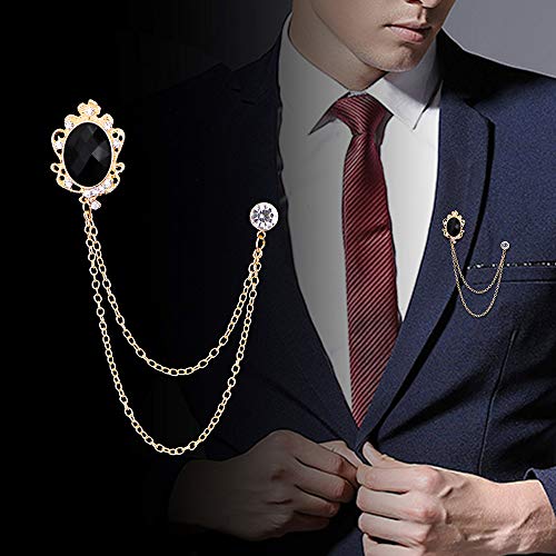 Huture 2 Packs Men's Gem Brooch Lapel Pin Badge Hanging Chains Collar Brooches Pin For Career Suit Tuxedo Of Shirts Tie Hat Scarf For Boyfriend Father Birthday Gift, Gold Silver Black #TOP1