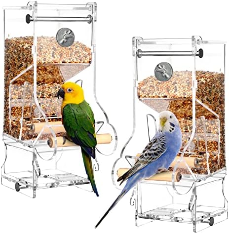 2PCS No Mess Bird Feeder Automatic Thickened Bird Seed Food Container Transparent Acrylic Parrot Food Holder with Stand, Bird Feeder for Cage, Reducing-Waste Foraging Feeder for Small Birds