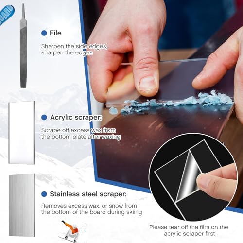 FoldTier 10 Pcs Snowboard Wax Kit, Snowboard and Ski Tuning Kit, Includes Brass Horsehair Nylon Brush, Stainless Steel Scraper, Acrylic Scraper, Flat File, 3 Gummy Stone and 1 Carry Bag