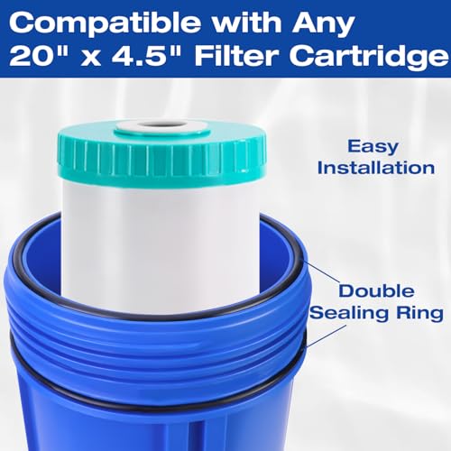 Image of H&G Lifestyles Whole House Water Filter Housing, 20 x 4.5 Blue Canister | Universal Water Filter Canister, Water Filtration System for Well Water City Water, Stainless Steel Bracket, Wrench