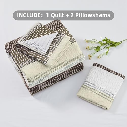 Image of Andency King Size Quilt Set Mocha Brown, 3 Pieces Summer Ultra Soft Lightweight Bedspreads & Coverlets Set, Patchwork Striped Quilted Bedding Sets for All Seasons (1 Quilt, 2 Pillow Shams)