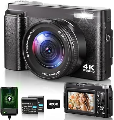Cámara Digital 4K, Cámara de Fotos con Enfoque Automático de 48MP 16X Zoom, LCD Vlog Compacta Fotográfica HD con Estación de Carga, Baterías 2 * 800 mAh, Tarjeta de 32GB para Principiantes, Niños