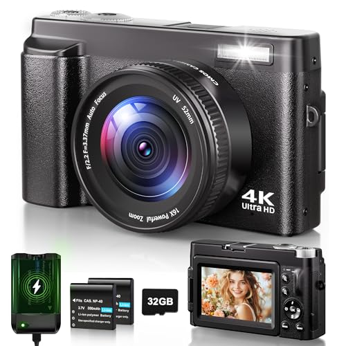 Appareil Photo Numérique Compact 4K avec 32G Carte, 48MP Apareile de Photo Autofocus avec UV Lentille 3&Prime; LCD Digital Camera Vlog avec 16X Digital Zoom pour Débutant