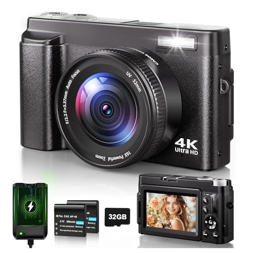 Cámara Digital 4K, Cámara de Fotos con Enfoque Automático de 48MP 16X Zoom, LCD Vlog Compacta Fotográfica HD con Estación de Carga, Baterías 2 * 800 mAh, Tarjeta de 32GB para Principiantes, Niños