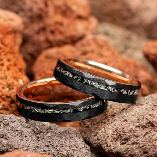 Custom Engraved Women's Wedding Ring Black Hammered Rose Gold Tungsten Meteorite Inlay, Personalized Wooden Ring Box - 5mm Comfort Fit4