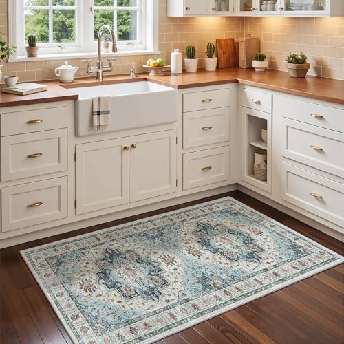 Madane Washable Area Rug 2x4, Small Entryway Rug Non-Slip Vintage Door Mat Indoor Entrance, Low Pile Floor Carpet Runner for Inside Front Door Kitchen Entry Laundry, Blue