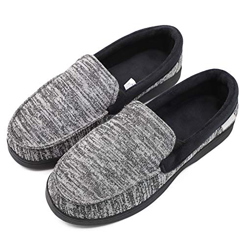 Mwfus Men's Comfy Memory Foam Moc Slippers Breathable Cotton Knit House Shoes Indoor Outdoor(Grey Stripes,Size 11)