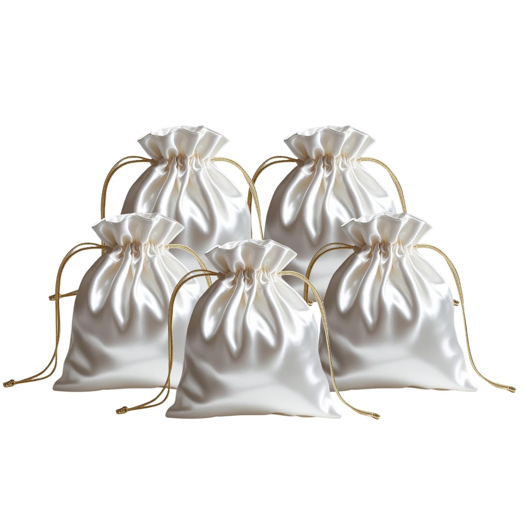 PREMAHS Silk Gift Bags with Drawstring | Wedding Favour Bags, Party Favor Bags | Jewelry Pouches, Drawstring Pouch for Baby Shower Bridal Shower Birthday Christmas (White, Pack of 5, S, 4 X 6 Inch)-image-29
