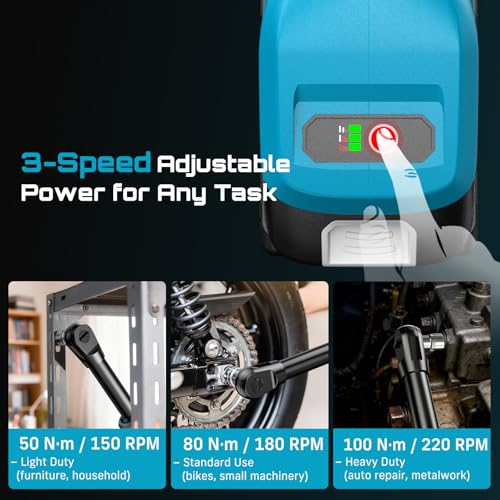 Image of Cordless Electric Ratchet Wrench 3 /8 inch, 6 inch Extended Neck, 3-Speed Adjustable, 74 Ft-lbs Max Torque, 21V Power Brushless Ratchet with 2x2.0Ah Batteries & Fast Charger, 8 Sockets, 1 /4 inch& 1 /2 inch Adapter