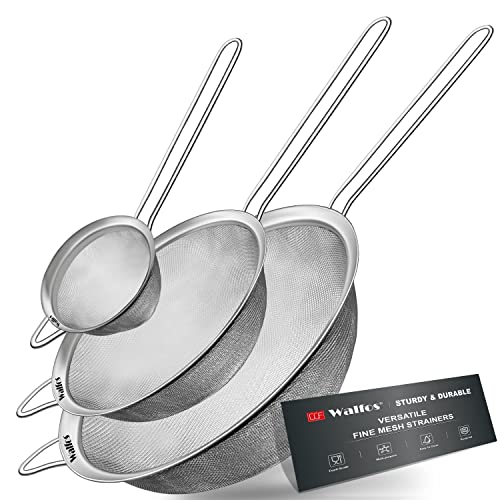 Juego de 3 coladores de malla fina, colador de alambre de acero inoxidable para cocina, colador fino de metal multiusos con asa, perfecto para alimentos, arroz, quinua, 3', 5', 7'