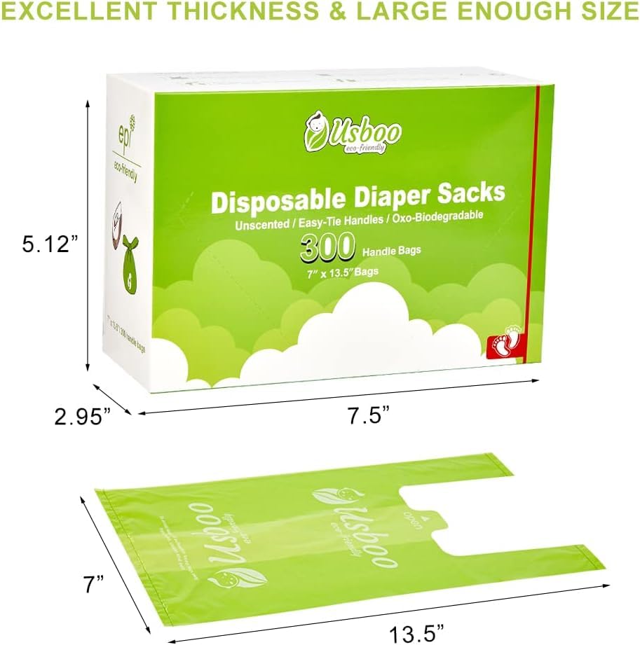 Image of USBOO Disposable Diaper Bags, OXO-Biodegradable, 2 Pack / 600 Count | Multi-Purpose Diaper Sacks with Easy-Tie Handles for Pet Waste, Baby Diapers, Feminine Hygiene & Car Trash Use