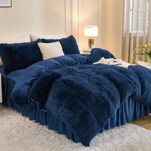 Andency Fluffy Navy Blue Comforter Set Full Size, 3 Pieces Winter Faux Fur Warm Soft Fuzzy Plush Bedding Comforter Set (1 Velvet Comforter & 2 Pillowcases), Thick Heavy Comfy Comforters Bedding Set