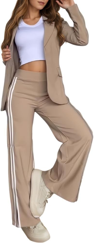 Women's Casual Lapel Blazer and Wide Leg Pants Two-Piece Set, Stripes Pants Sexy Nightclub Party Tracksuit Outfits Suit Set