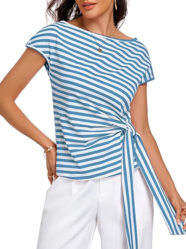 Image of HOTIAN Womens Cap Sleeve T Shirts 2026 Tie Waist Wrap Tops Crew Neck Blouses Dressy Casual Loose Work Business Dressy