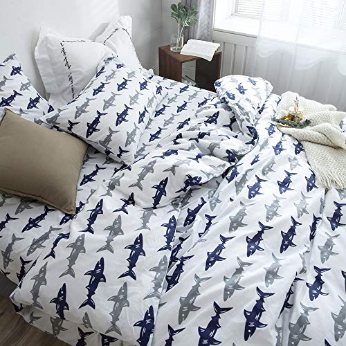 BuLuTu Blue Grey Shark Twin Kids Boys Bedding Duvet Cover Set Cotton White,Reversible Shark Bedding Sets For Teens with Zipper Closure,1 Duvet Cover and 2 Pillowcases (no Comforter)