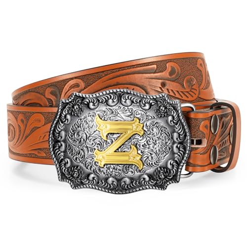 Western Cowboy Leather Belt Men Women, Gold Initial Letters ABCJMZ Buckle Embossed Belt for Jeans