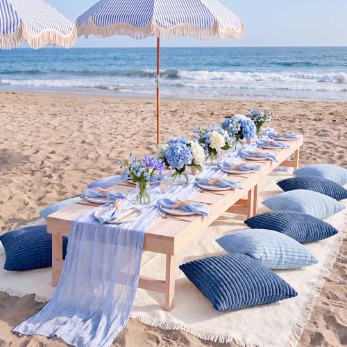 Beeveer 14 Pack Picnic Kit 91x71 Inch Extra Large Outdoor Boho Picnic Blanket with Gray Blue Table Runner, 6 Throw Pillow Cover 6 Napkin Woven Cotton Yarn Washable Beach Blanket for Camp Wedding Decor by Beeveer - Used condition - Image 9