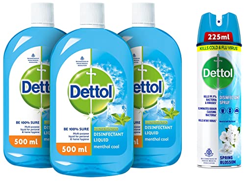 Image of Dettol Disinfectant Sanitizer Spray Bottle | Germ Kill on Hard and Soft Surfaces (Spring Blossom, 225ml) & Liquid Disinfectant for Personal Hygiene, Surface Disinfection(Pack of 3-500 ml each)