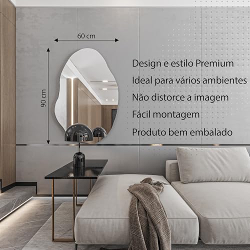 Espelho Decorativo Orgânico Lapidado 90x60 Moderno - com suporte para fixação
