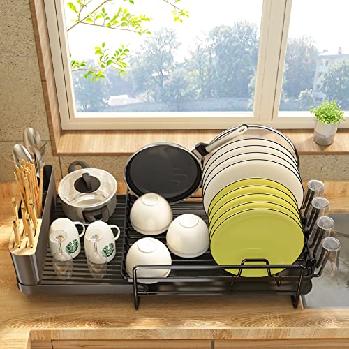 Pxrack Dish Drying Rack, Expandable(19.1"-26.9") Large Capacity Dish Rack And Drainboard Set, Stainless Steel Dish Drainers With Utensil Holder For Kitchen Counter, Black #TOP7