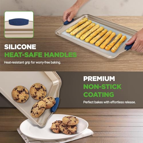 NutriChef Kitchen Oven Baking Pans - Deluxe Nonstick Gold Coating Inside & Outside Carbon Steel Bakeware Set with Blue Silicone Handles, Durable & Reliable Cookie Sheet Oven Pan Style by NutriChef - Image 6