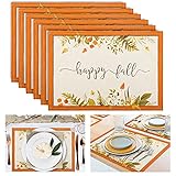 Whaline 6Pcs Happy Fall Burlap Placemats Vintage Autumn Leaves Table Mats Waterproof Fabric Placemat...