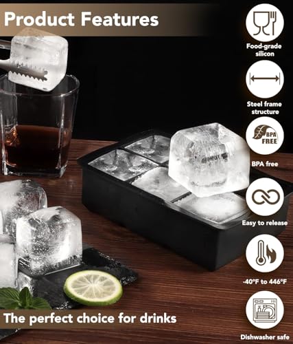 Silicone Ice Cube Trays for Freezer – Large Square Ice Cube Molds, BPA-Free, Easy-Release Ice Cube Maker for Whiskey, Cocktails & Drinks, Stackable Freezer Ice Molds,Dishwasher Safe(12 Cubes,Black)
