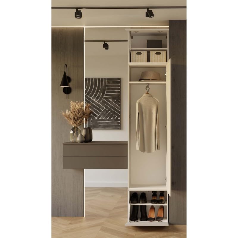 CDF Garderobenschrank Flurschrank mit 1 Tür für Schuhe und Jacken Stauraumschrank mit Kleiderstange - Modern Dielenschrank mit Ober- und Unterschrank für Büro Flur Wohnen – 238 cm Kaschmir