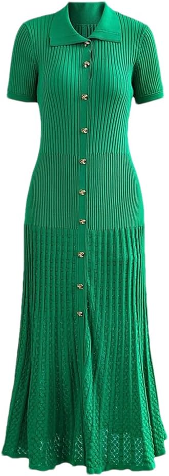 Womens Solid Short Sleeve Knitted Dresses Single-Breasted Slim Fit Polo Neck Bodycon Maxi Dresses