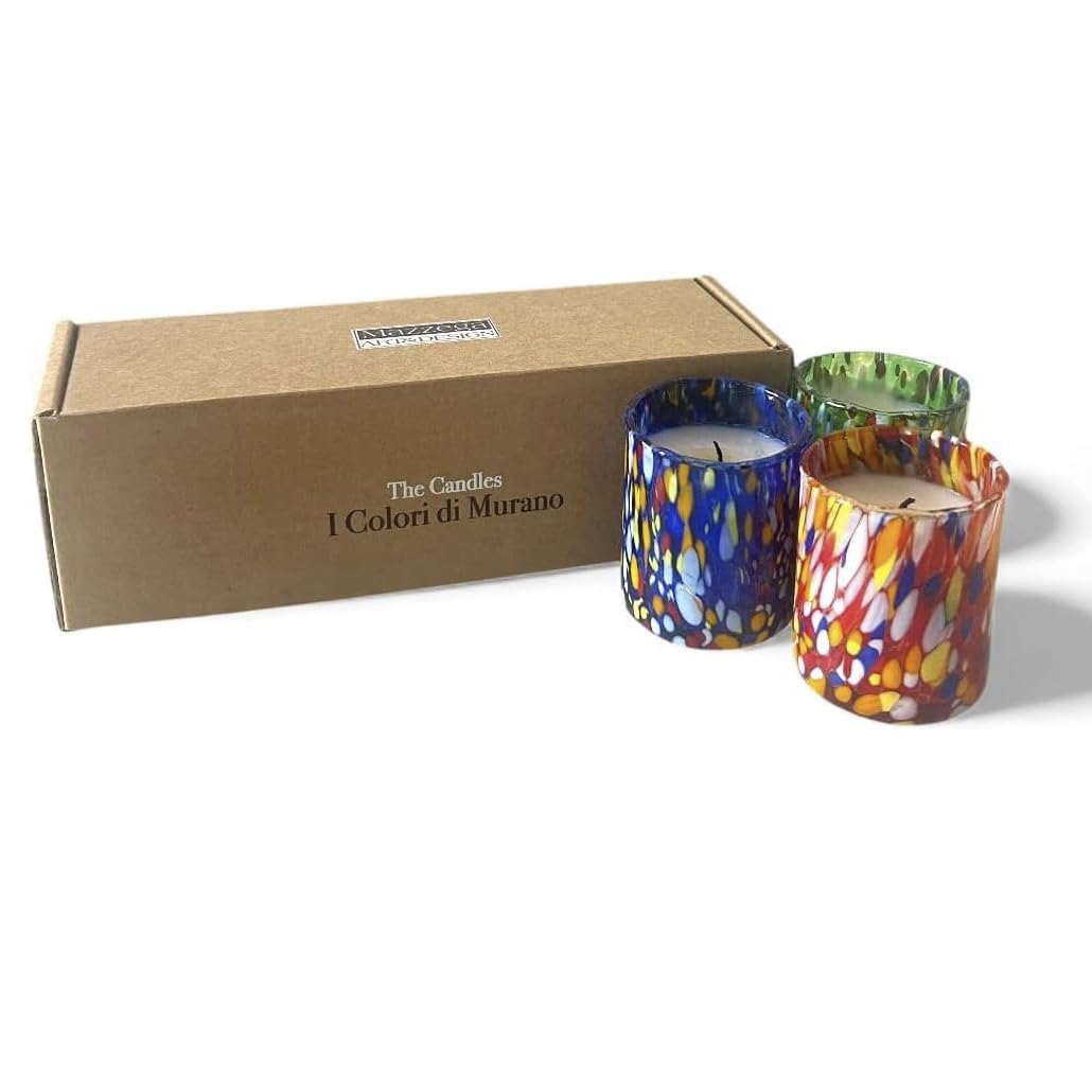 MAZZEGA ART & DESIGN - Set di 3 candele Profumate con Fragranze Intime e Rilassanti, con cera di soia al 100%, Bicchierini in vetro soffiato della linea "I Colori di Murano" - Made in Italy