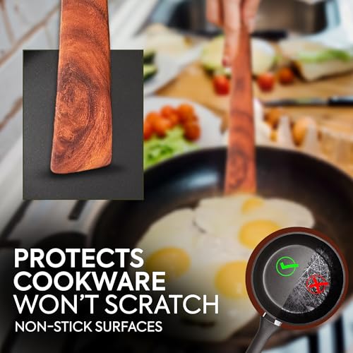 2PCS Wooden Spatula for Cooking – Premium Teak Wood Turner & Scraper Set for Cast Iron & Nonstick Cookware, Flat Egg & Pancake Flipper, Durable Heat-Resistant Kitchen Utensils by WOODLANDS USA - Used condition - Image 5
