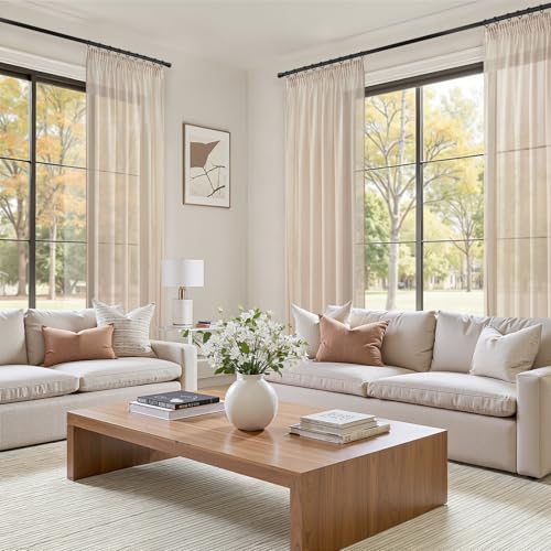 Topfinel Gardinen mit Kräuselband Vorhänge Leinen-Optik Transparent für Wohnzimmer Schlafzimmer Fenster Einfarbige Gardinen Beige 2er Set… – Ansicht 2
