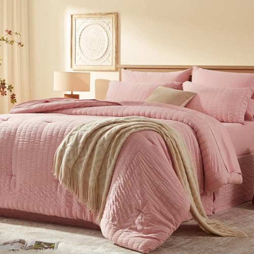 Queen Comforter Set 7 Pieces, Pink Seersucker Bed in a Bag Set Queen Size, All Season Luxury Bedding Sets with Comforter, Sheets, Pillowcase & Sham
