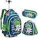 Kinder Trolley Tasche Schulrucksack für Grundschüler im Teenageralter 3 in 1 wasserdichter Rollrucksack mit Federmäppchen, Lunch Tasche und Reflektierenden Sicherheitsstreifen, Blau
