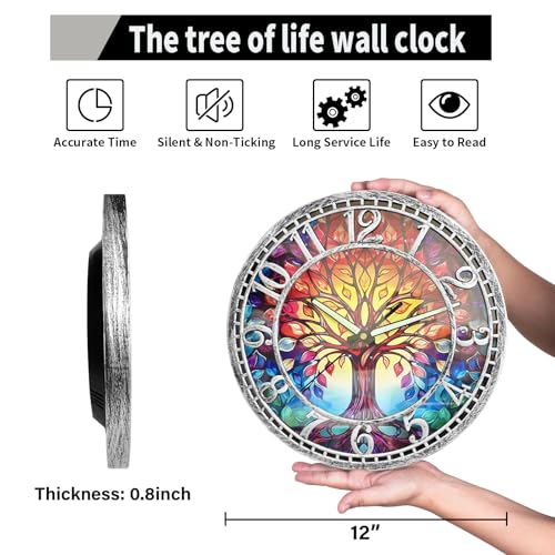 WANGIRO 12" Round Tree of Life Wall Clock Silent Non-Ticking Antique Silver - Image 3