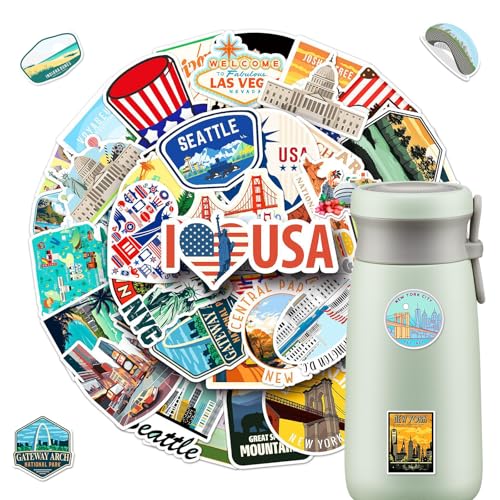 2 X 50 Piezas Adhesivos de Viaje de Estados Unidos, pegatinas de viaje, Pegatinas vintage, Impermeable Stickers de Vinilo para Maletas Scrapbooking Laptops Casco Bicicleta Monopatín