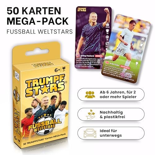 TRUMPFSTARS Fußball Weltstars - 50 Karten mit 50 Top Stars des Weltfußballs - Kartenspiel für 2-8 Spieler - ab 6 Jahren - Deutsche Sprache – Modernes Design - Plastikfrei - Fußballkarten - Qualität