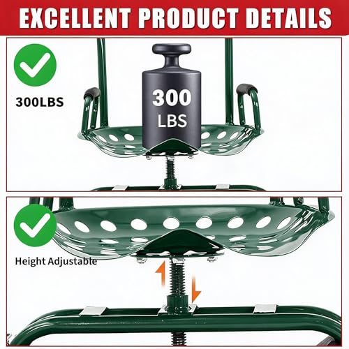 Rolling Garden Work Seat with Wheels, 300lbs Heavy Duty Garden Cart, 360° Swivel Adjustable Height Rolling Stool, Extendable Handle, Storage Basket & Tray for Gardening, Lawn Care, Adults & Seniors by PeakPursuit - Image 3
