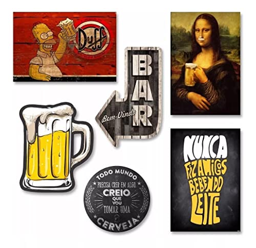 Kit com 6 placas decorativas em MDF - Churrasco - Bebidas - Cerveja