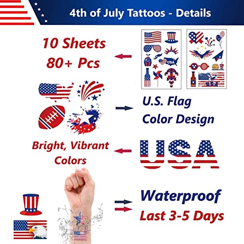 Masper 10 Sheets Usa Tattoos Temporary, 80 Patriotic Tattoos, 4Th Of July Temporary Tattoos, American Flag Red White And Blue Tattoos, Usa Face Tattoos #TOP2